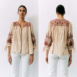 Johnny Was Vintage Josiane Peasant Blouse - Beige - Size Medium - Embroidery